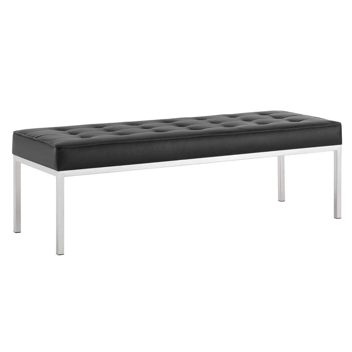 Loft Tufted Button Faux Leather Accent Entryway Bench  Contemporary Design, Stainless Steel Frame, Silver Legs  300 Lb Weight