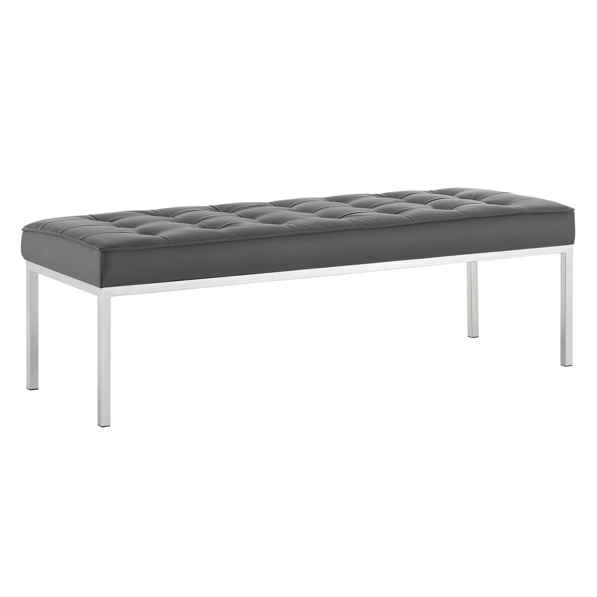 Loft Tufted Button Faux Leather Accent Entryway Bench  Silver Gray, Midcentury Modern Style, Stainless Steel Frame, 300 Lbs We