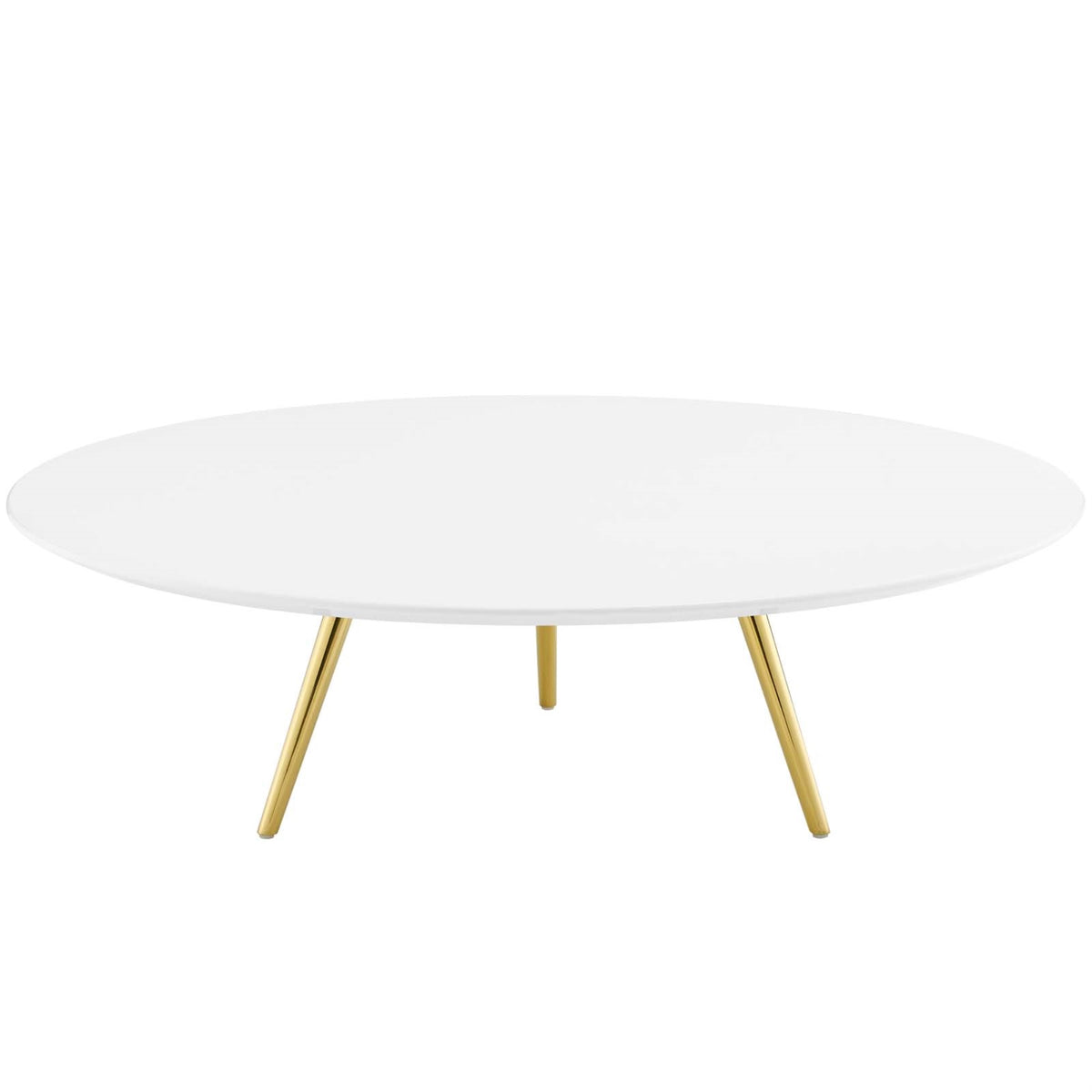 Lippa 47 Inch  Round Coffee Table  Timeless Design, White Lacquered Top, Gold Tripod Base. Perfect For Living Room, Lounge, Or Home