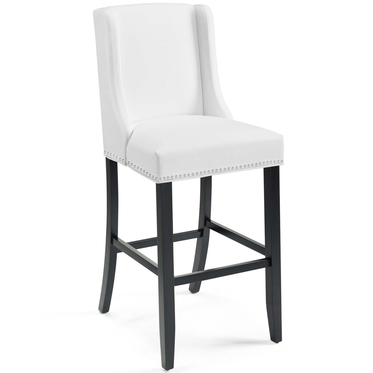 Baron Faux Leather Bar Stool  Contemporary Design With Nailhead Trim, Footrest, And Solid Wood Frame  White