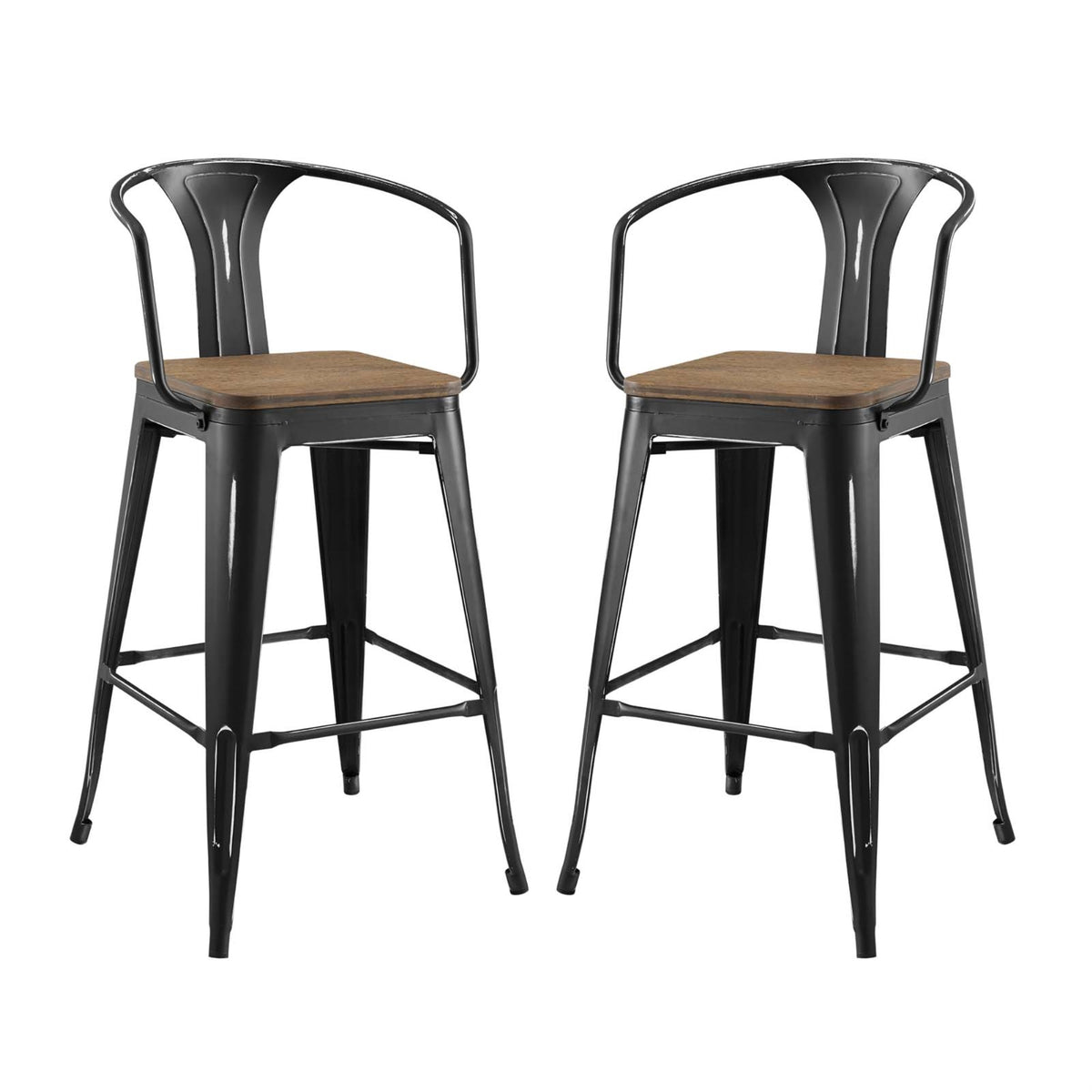 Promenade Arm Bamboo And Metal Bar Stool Set Of 2  Vintage Powder Coated Steel Finish  Industrial Modern Design  Dynamic And
