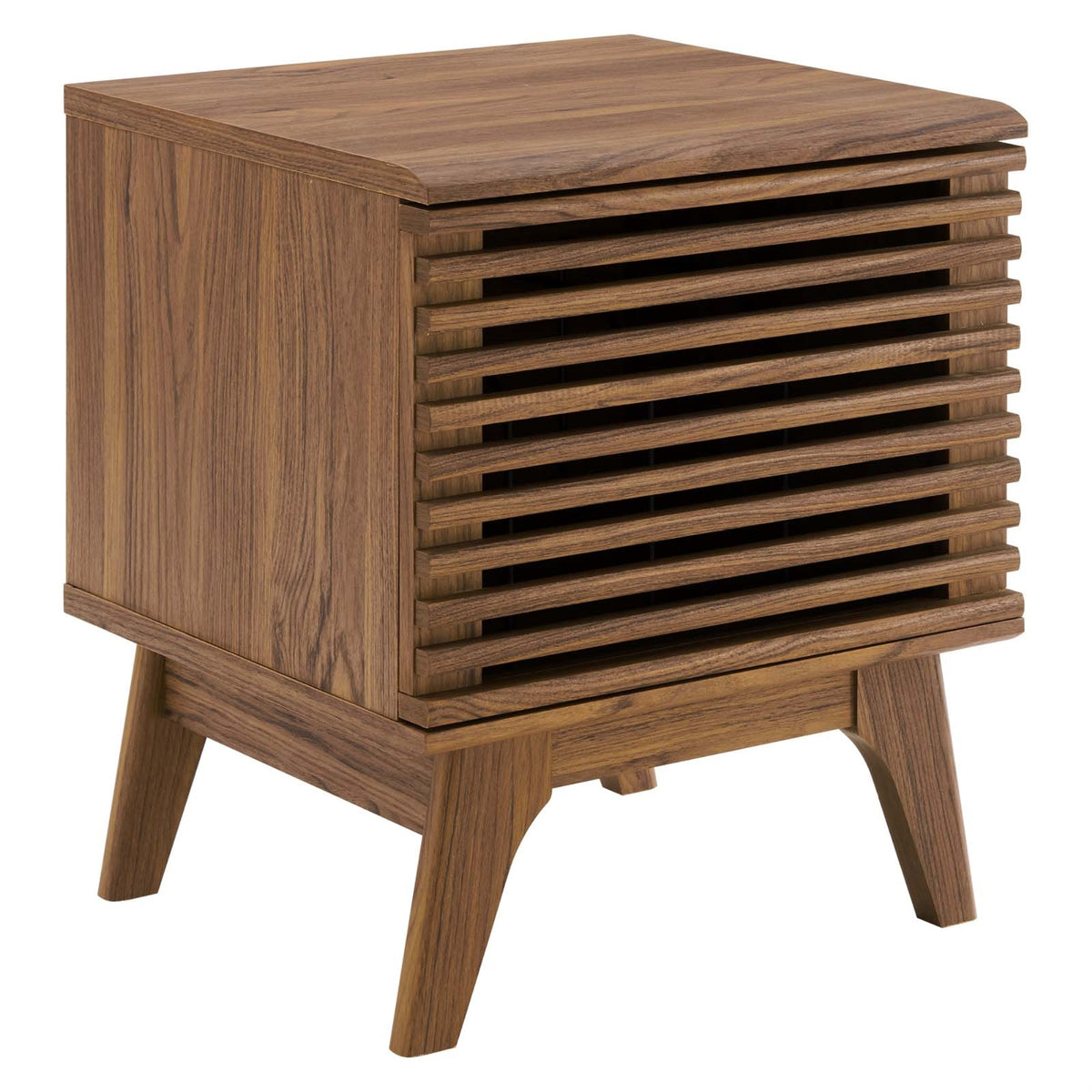 Midcentury Style Render Vinyl Record Display Stand With Ample Storage Space  Walnut Grain Laminate, Metal Dividers, Tapered Wo