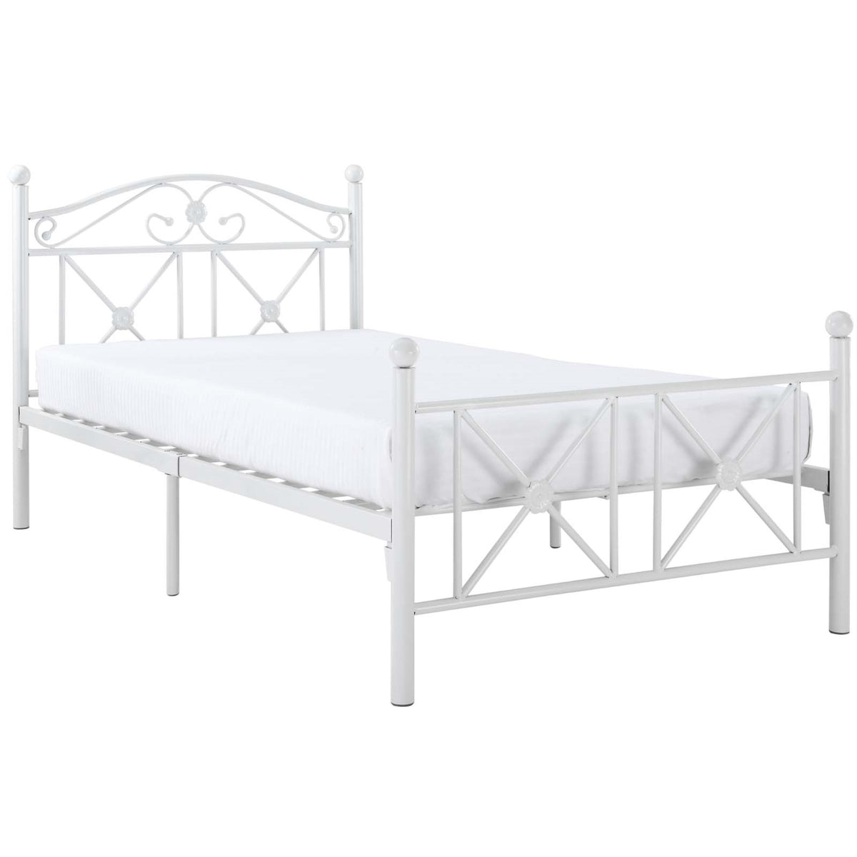 Country Cottage Iron Twin Bed Frame  Glossy White Finish With Charming Ball Finials And Serene Latticework Design