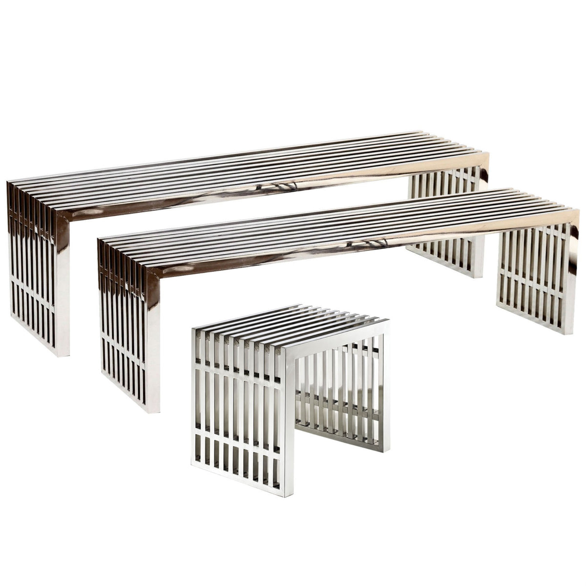 Gridiron Stainless Steel Bench Set  Dynamic And Lively Design  Small And Large Benches  Exuberant And Joyful Atmosphere