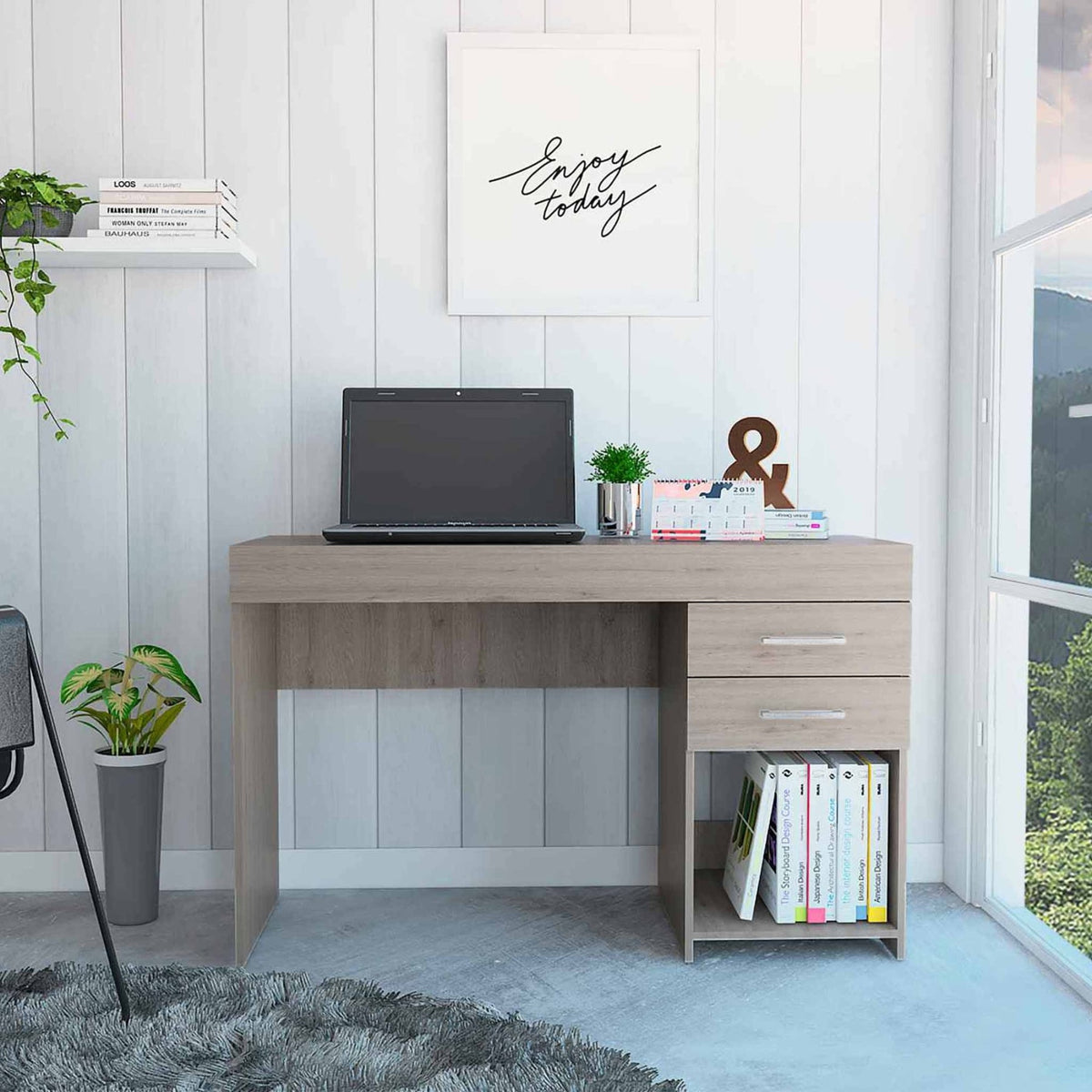 TUHOME Ibare Two Drawer Computer Desk, One Lower Shelf, Two Drawers, Countertop Table, Light Grey, For Office
