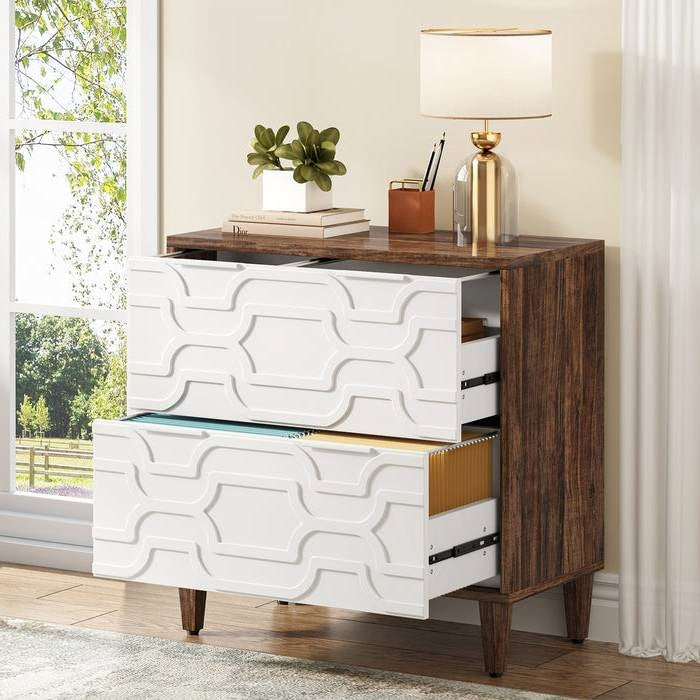 Modern Brown/White Wood 2 Drawer Filing Cabinet Printer Stand