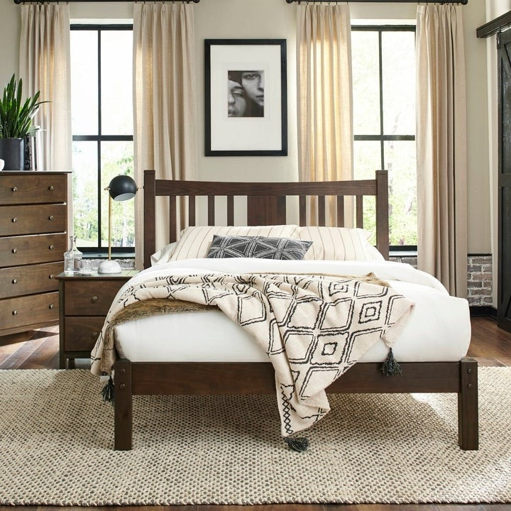 Queen size Solid Pine Wood Platform Bed with Headboard in Espresso