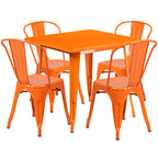 Commercial Grade 31.5 Square Orange Metal Indoor-Outdoor Table Set with 4 Stack Chairs