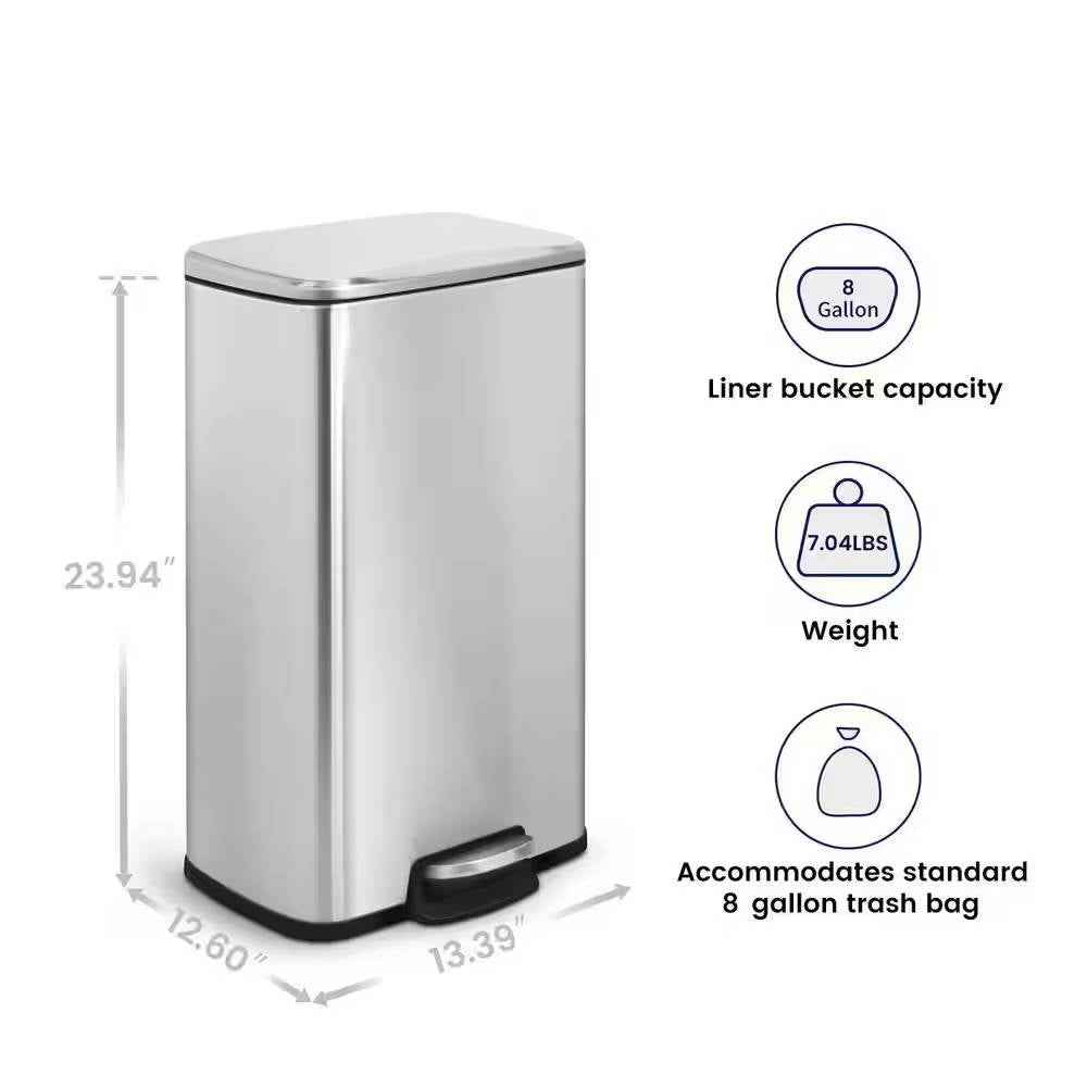 8-Gallon Stainless Steel Kitchen Trash Can with Step-on Lid