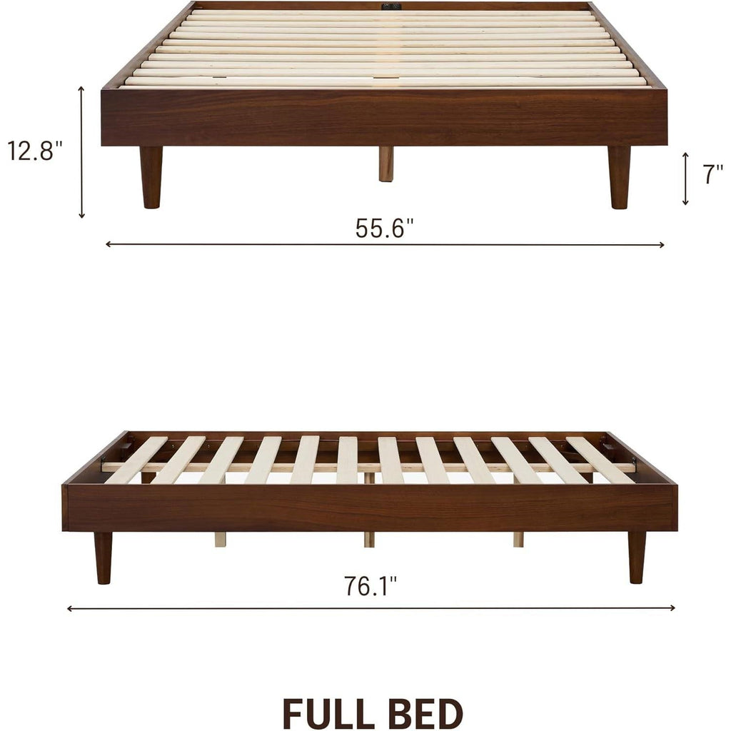 Full size Mid-Century Modern Platform Bed Frame in Dark Brown Wood Finish