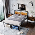 Full size Heavy Duty Black Metal Bed Frame with Solid Wood Panel Headboard