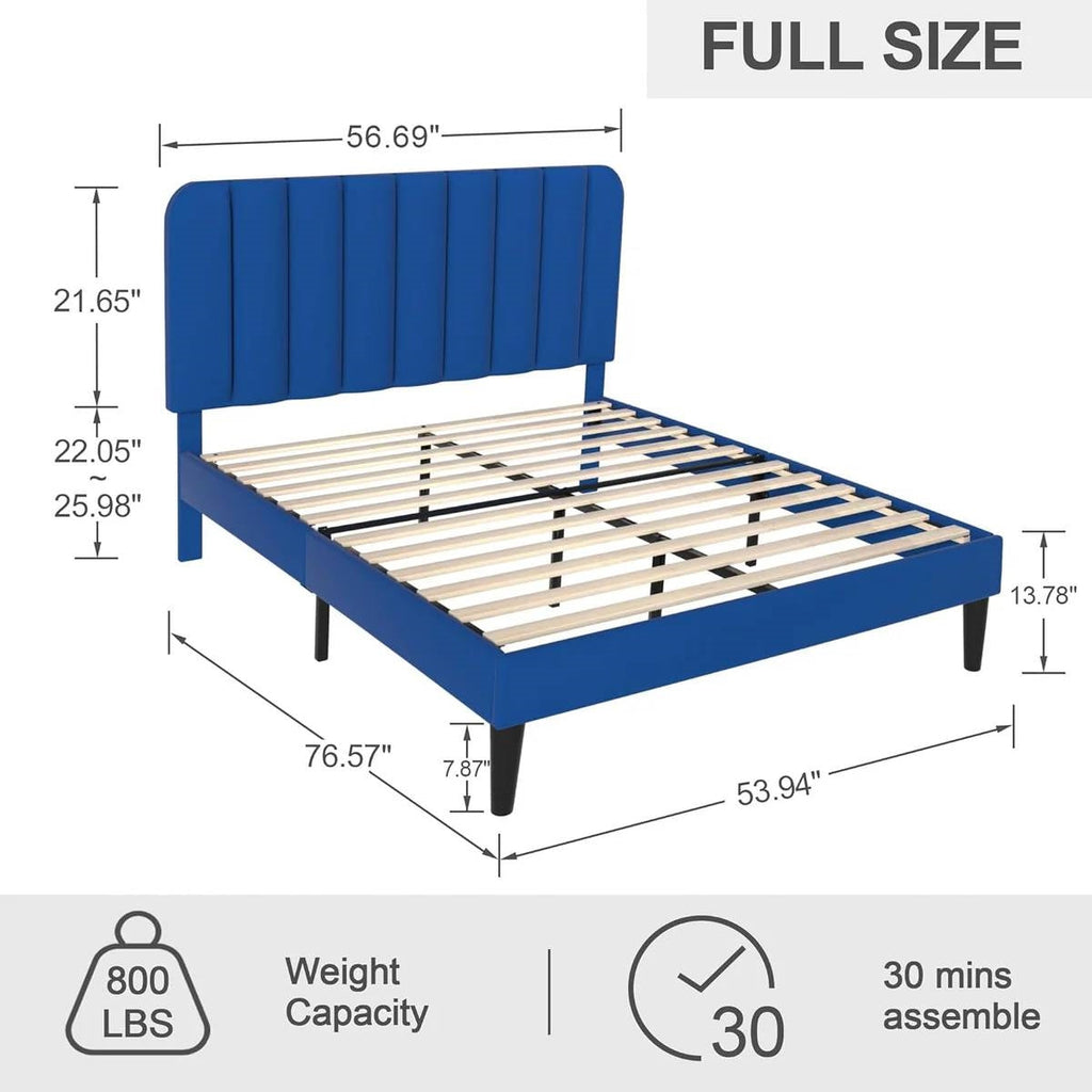 Full size Blue Upholstered Platform Bed Frame with Headboard