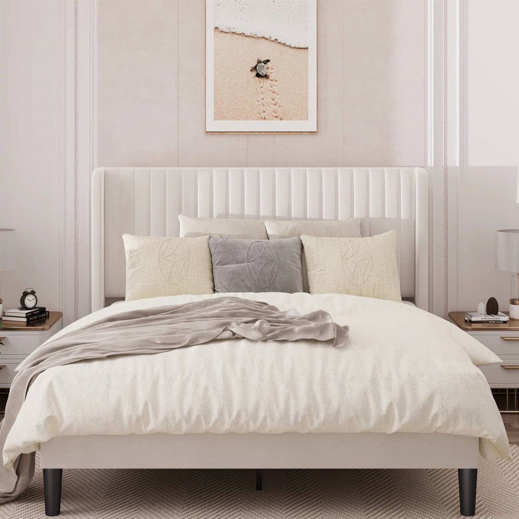 Full size White Velvet Upholstered Platform Bed Frame with Wingback Headboard