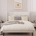 Full size White Velvet Upholstered Platform Bed Frame with Wingback Headboard