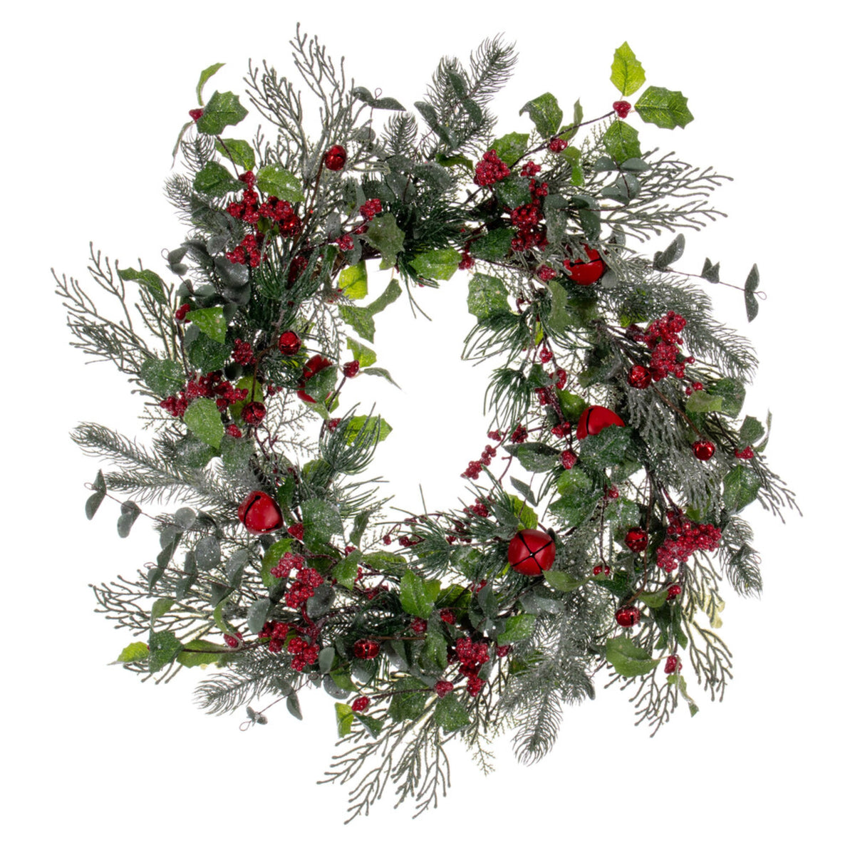 24 Inch  Grn Holly/Pine Red Jngle Bell Wreath