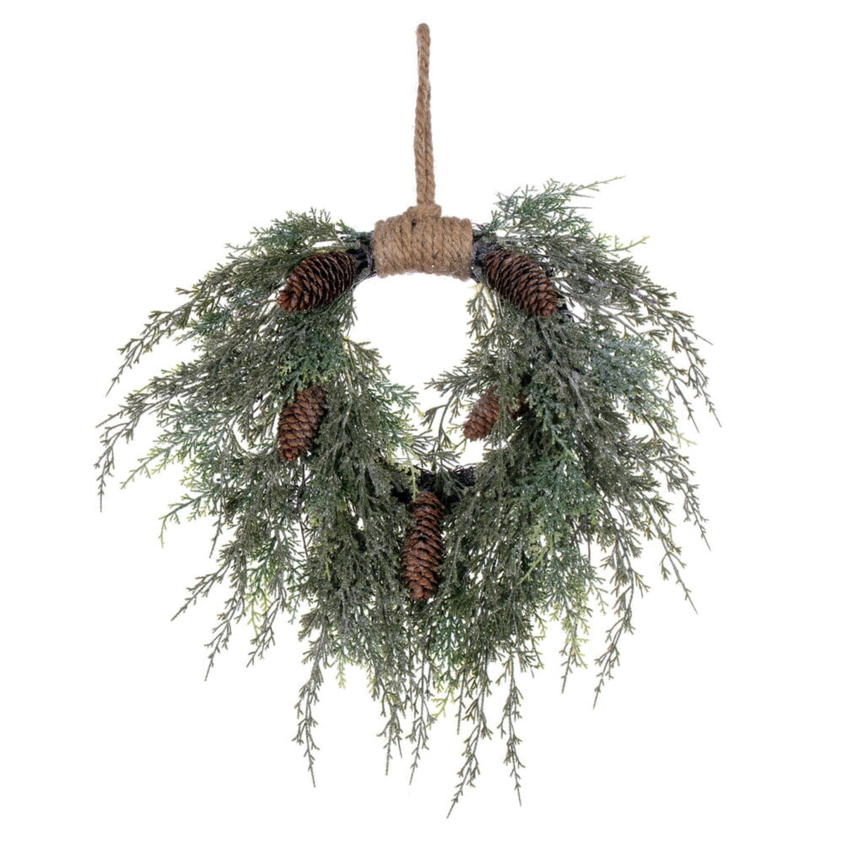 18 Inch  Snow Cedar Hanging Wreath W/Cone