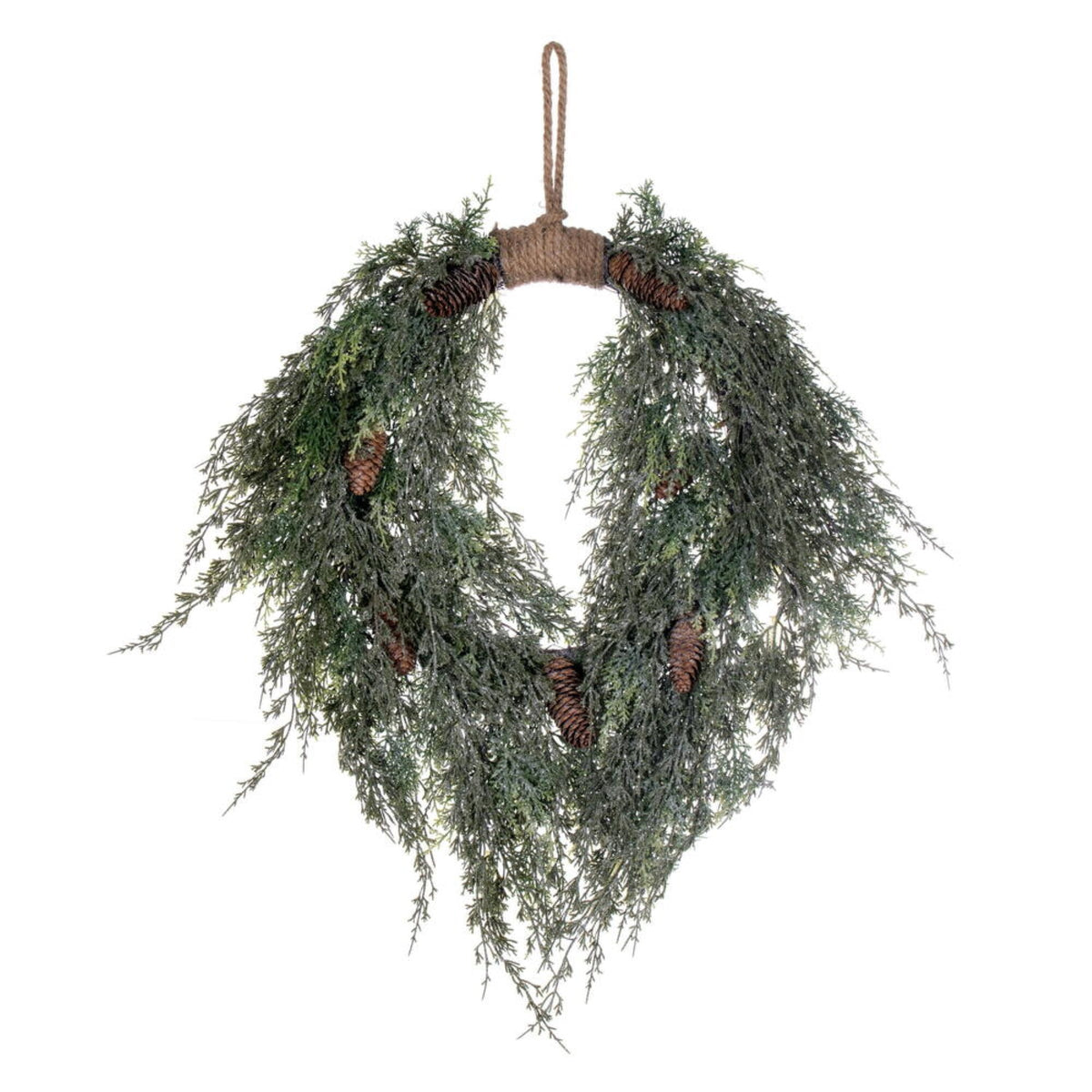 24 Inch  Snow Cedar Hanging Wreath W/Cone
