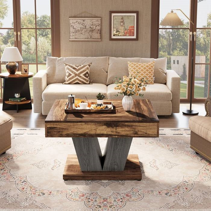 Square Farmhouse Coffee Table in Brown Black Wood Finish