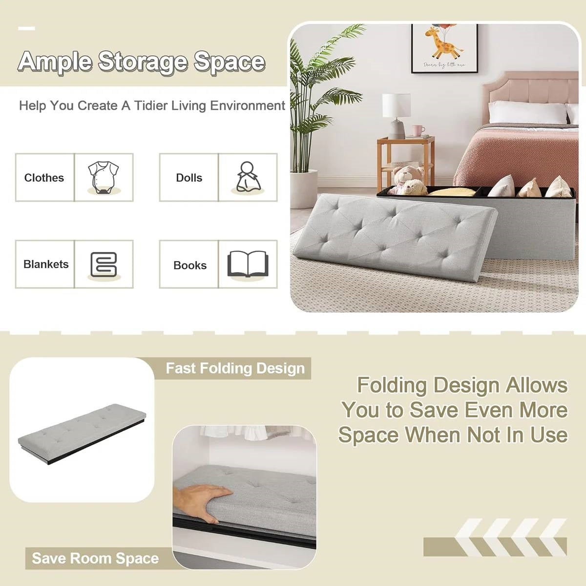 Light Grey Linen Upholstered Bedroom Living Room Entryway Storage Bench Ottoman