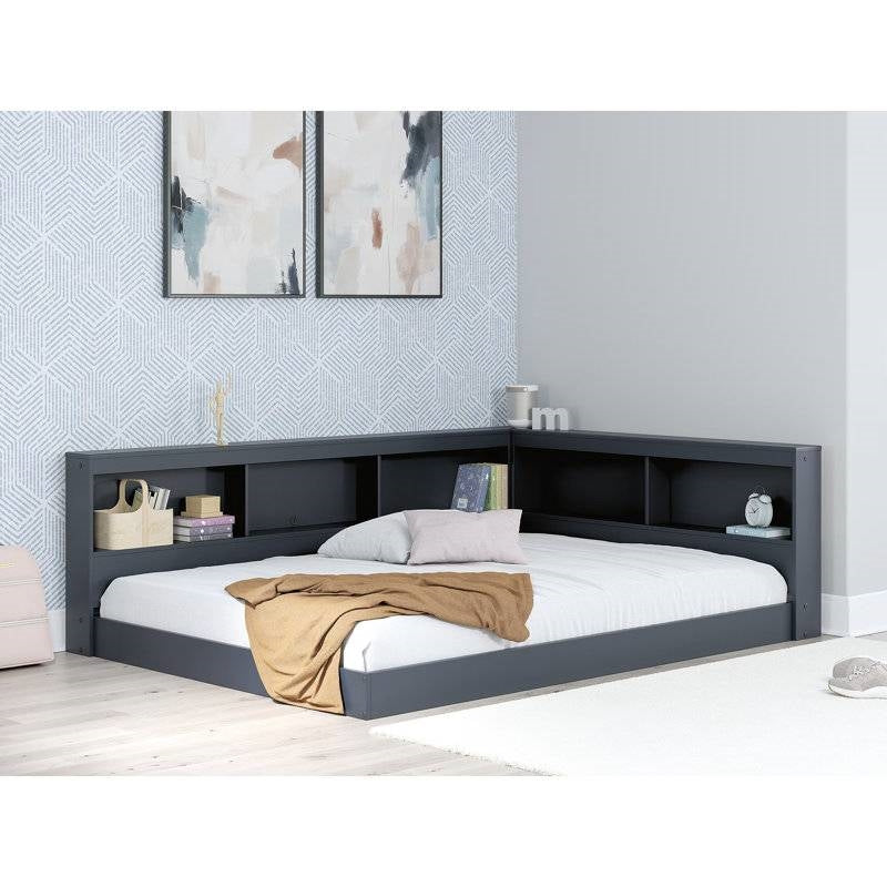 Full size Blue Wooden Corner Storage Bed with Bookcase Headboard and USB Ports