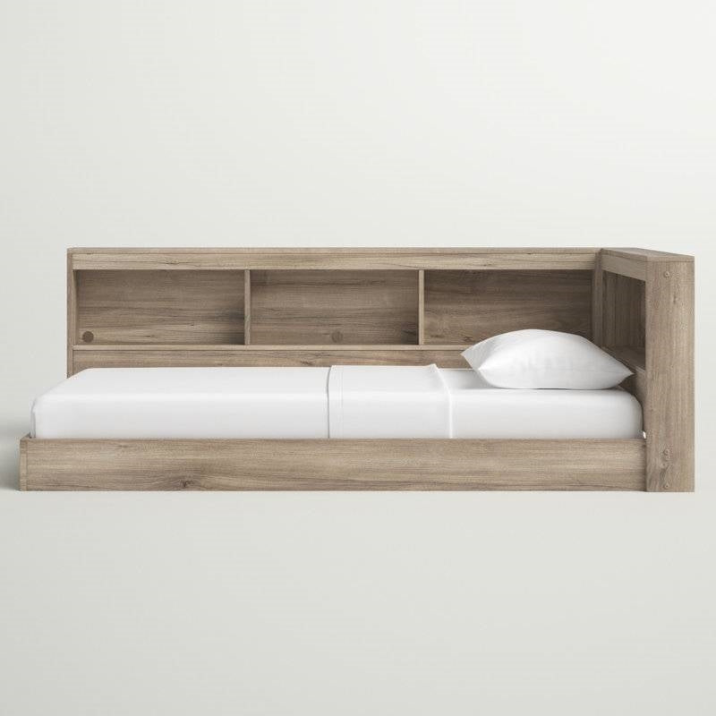 Full size Natural Wood Corner Storage Bed with Bookcase Headboard and USB Ports