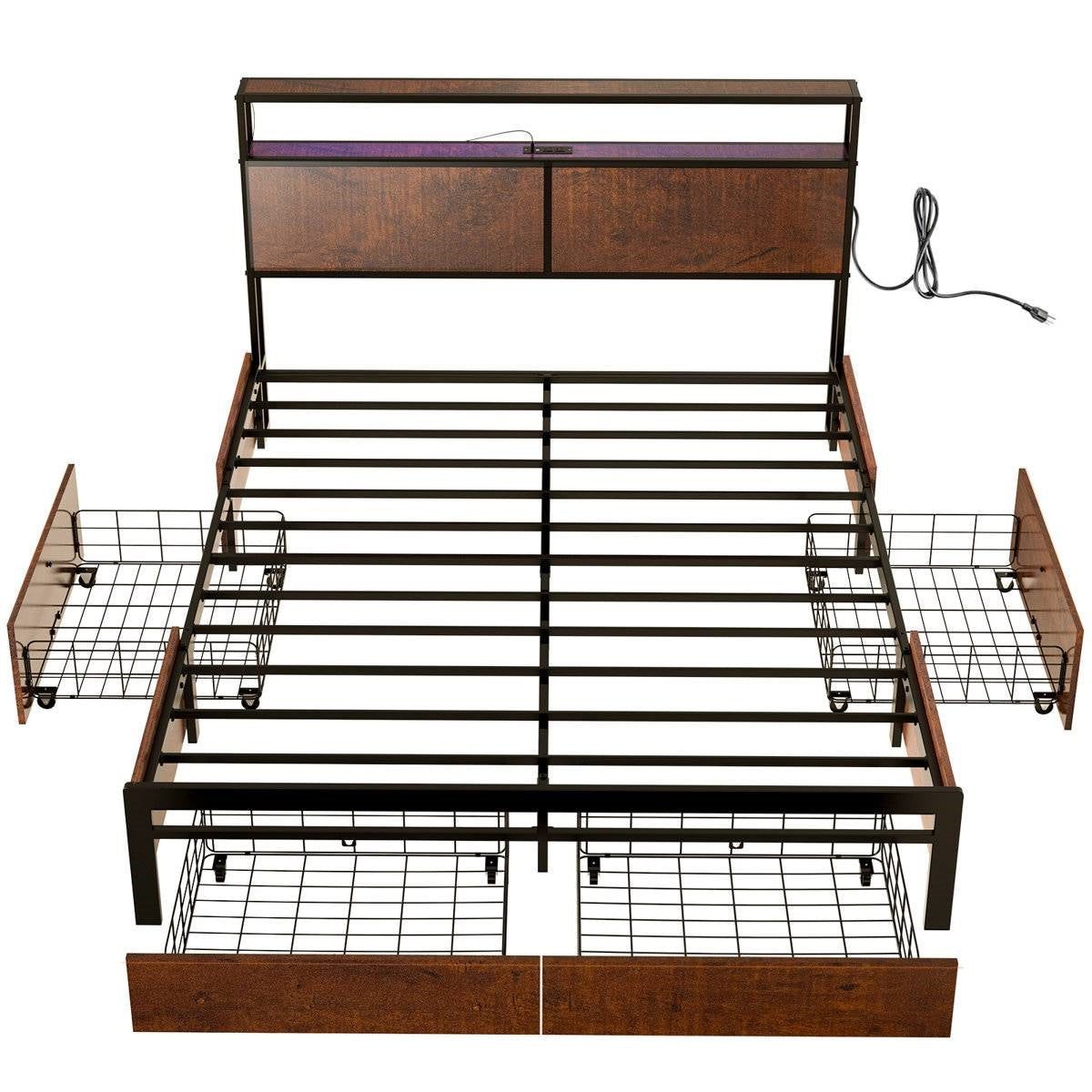 Full size Platform Bed with Headboard and Storage Drawers in Brown Wood Finish