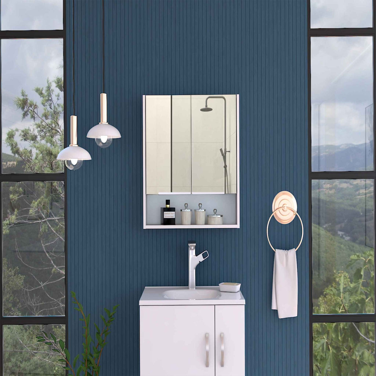 TUHOME Jaspe Mirror Cabinet, Mirror, Three Internal Shelves, One Open Shelf, Two-Door Cabinet, White, For Bathroom