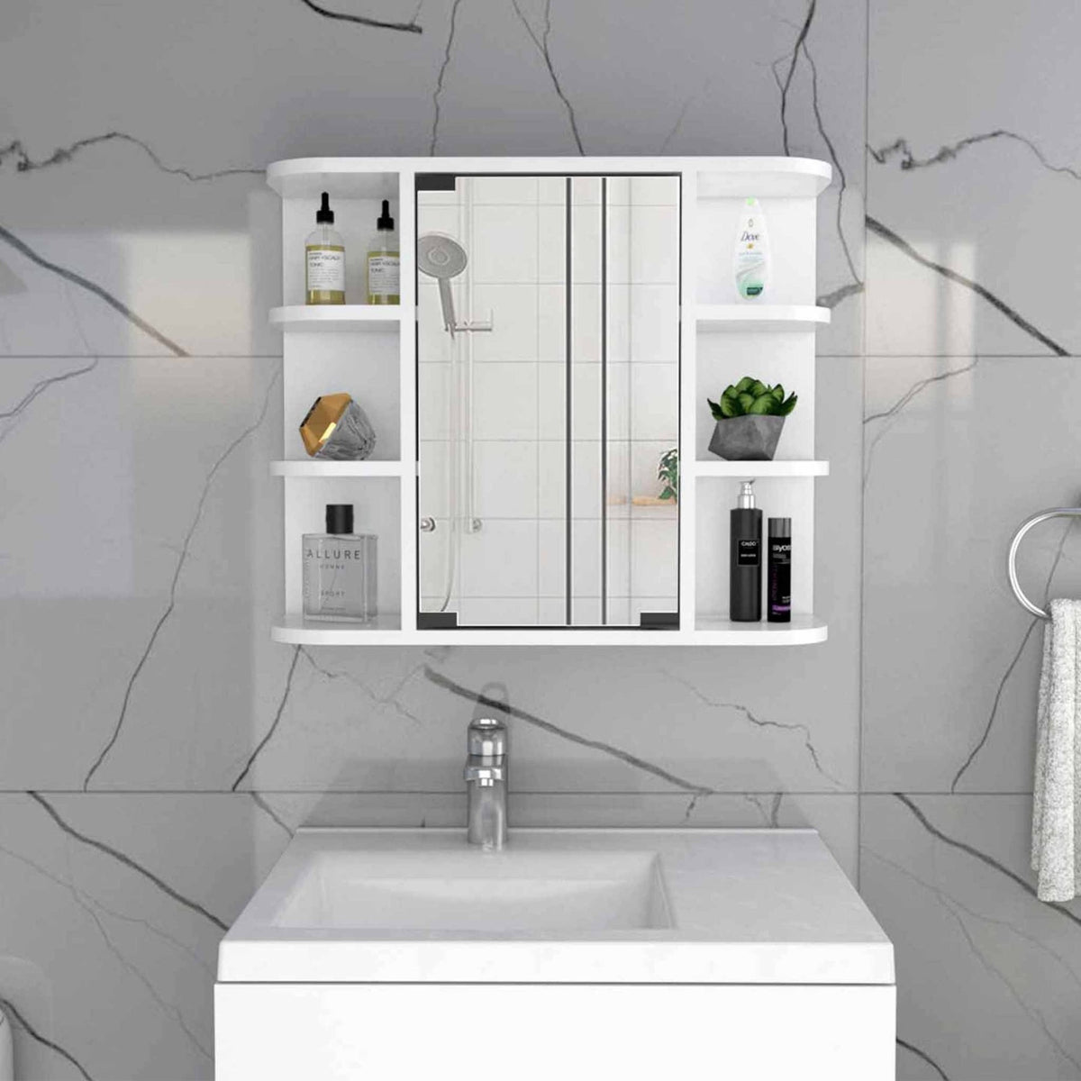 TUHOME Milan Medicine Cabinet, Six External Shelves Mirror, Three Internal Shelves, White, For Bathroom