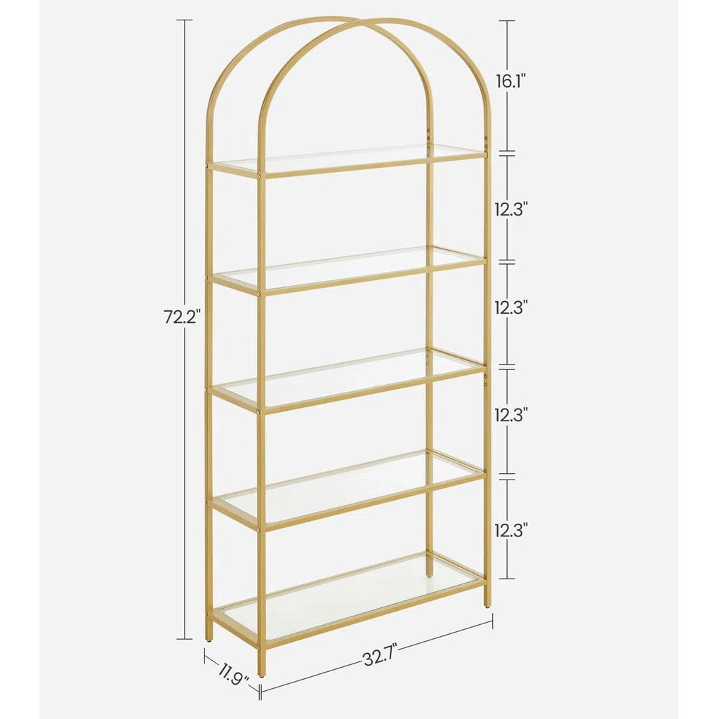 Modern Gold Metal Arched Top Display Rack Bookcase with 5 Glass Storage Shelves