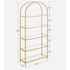 Modern Gold Metal Arched Top Display Rack Bookcase with 5 Glass Storage Shelves