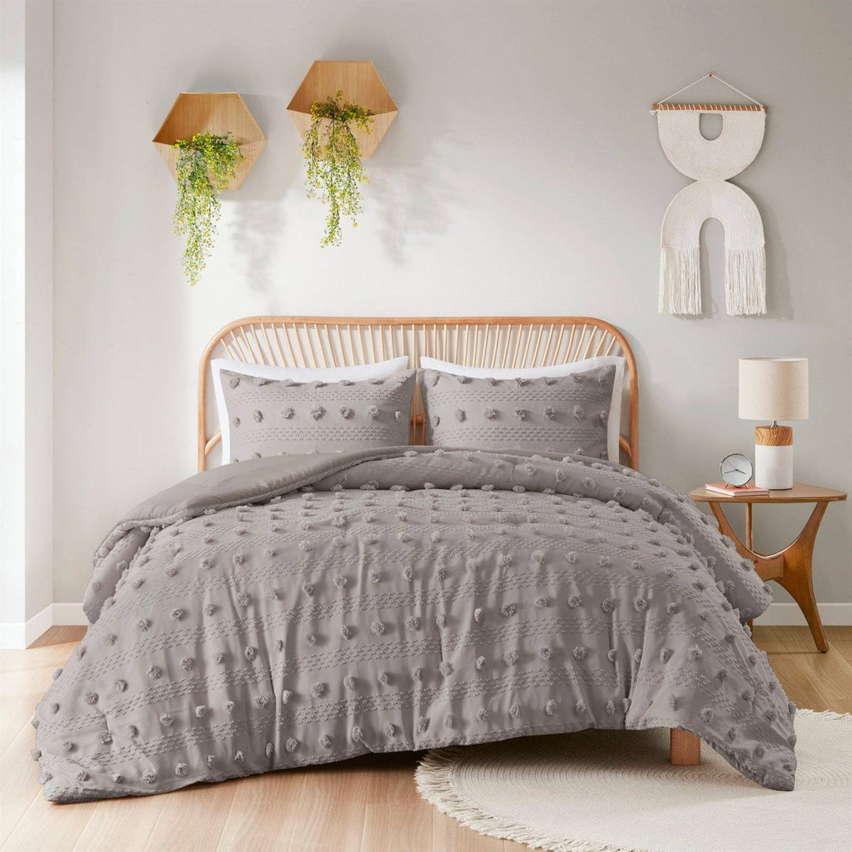 King/Cal King 3-Piece Grey Microfiber Comforter Set with Decorative Pompoms