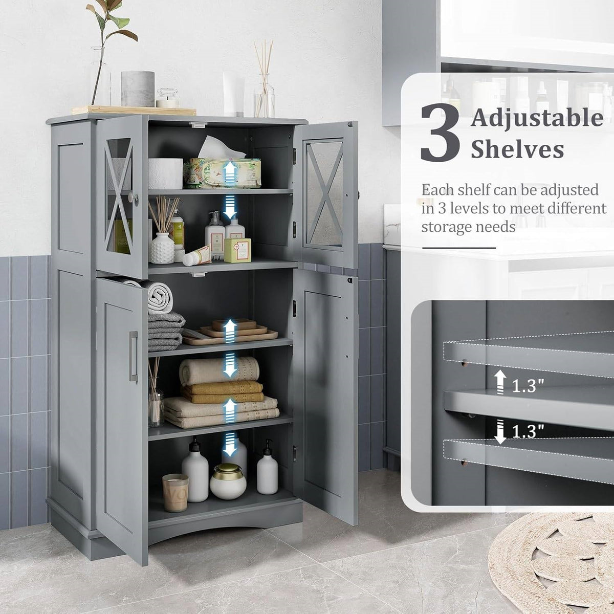 Grey Bathroom Towel Linen Cabinet with Glass Doors and Storage Shelves