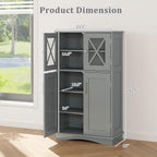 Grey Bathroom Towel Linen Cabinet with Glass Doors and Storage Shelves