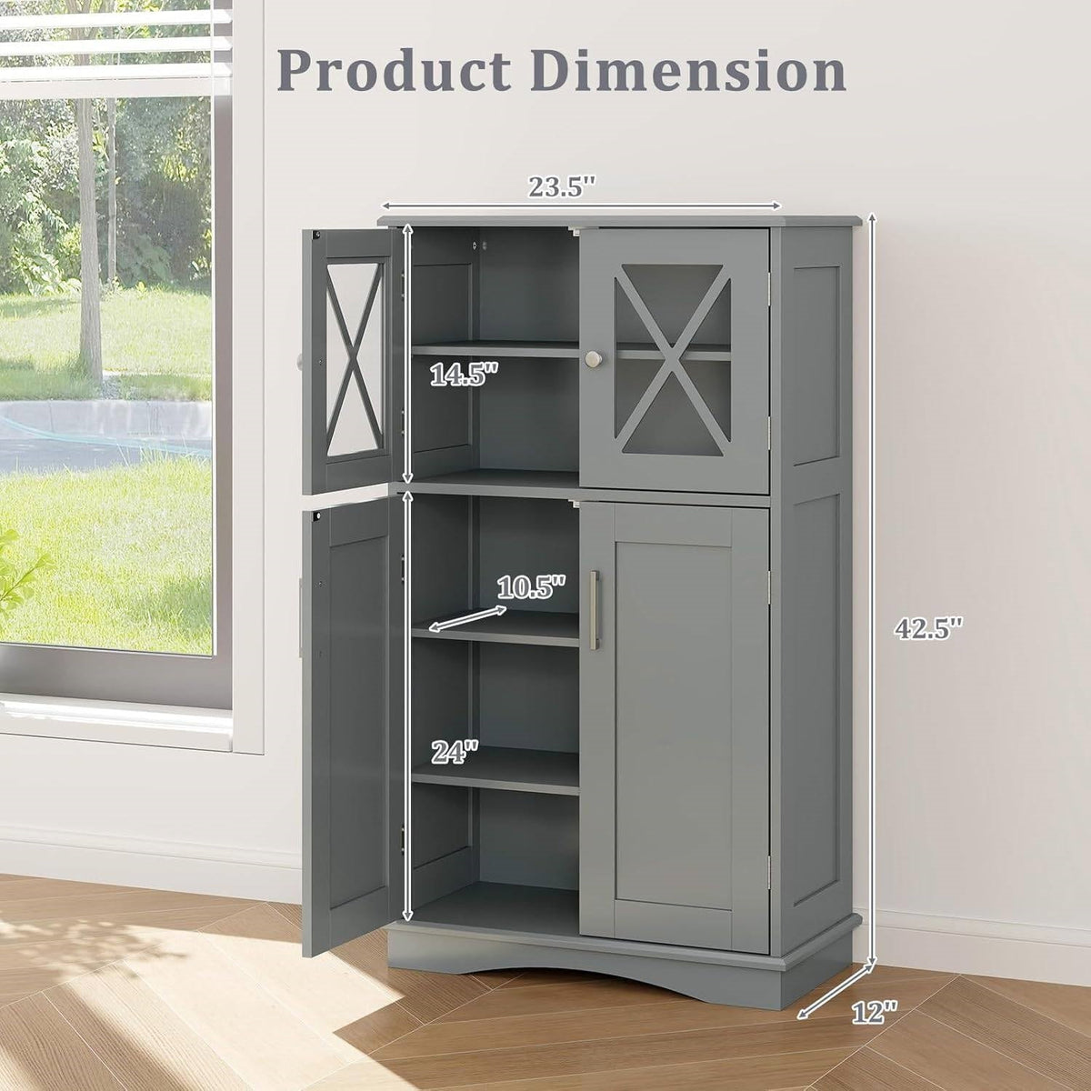 Grey Bathroom Towel Linen Cabinet with Glass Doors and Storage Shelves