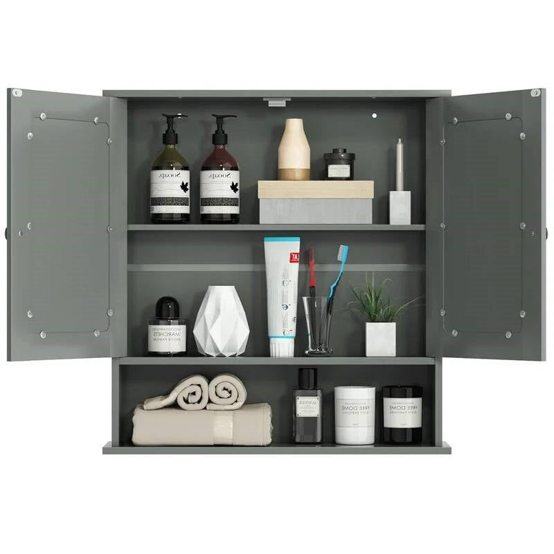 Grey Wood Bathroom Wall / Medicine Cabinet with Mirrored Doors and Shelf
