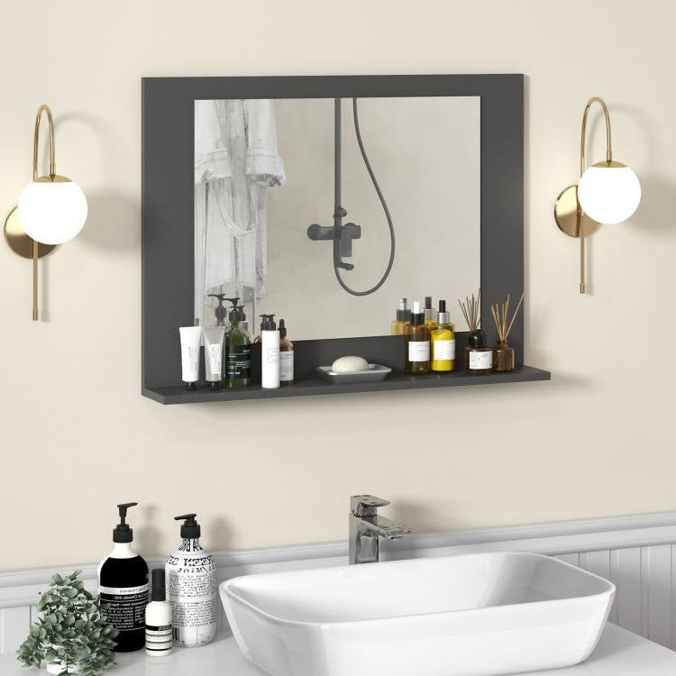 Rectangular 23 x 17 inch Bathroom Mirror with Storage Shelf in Grey Wood Finish