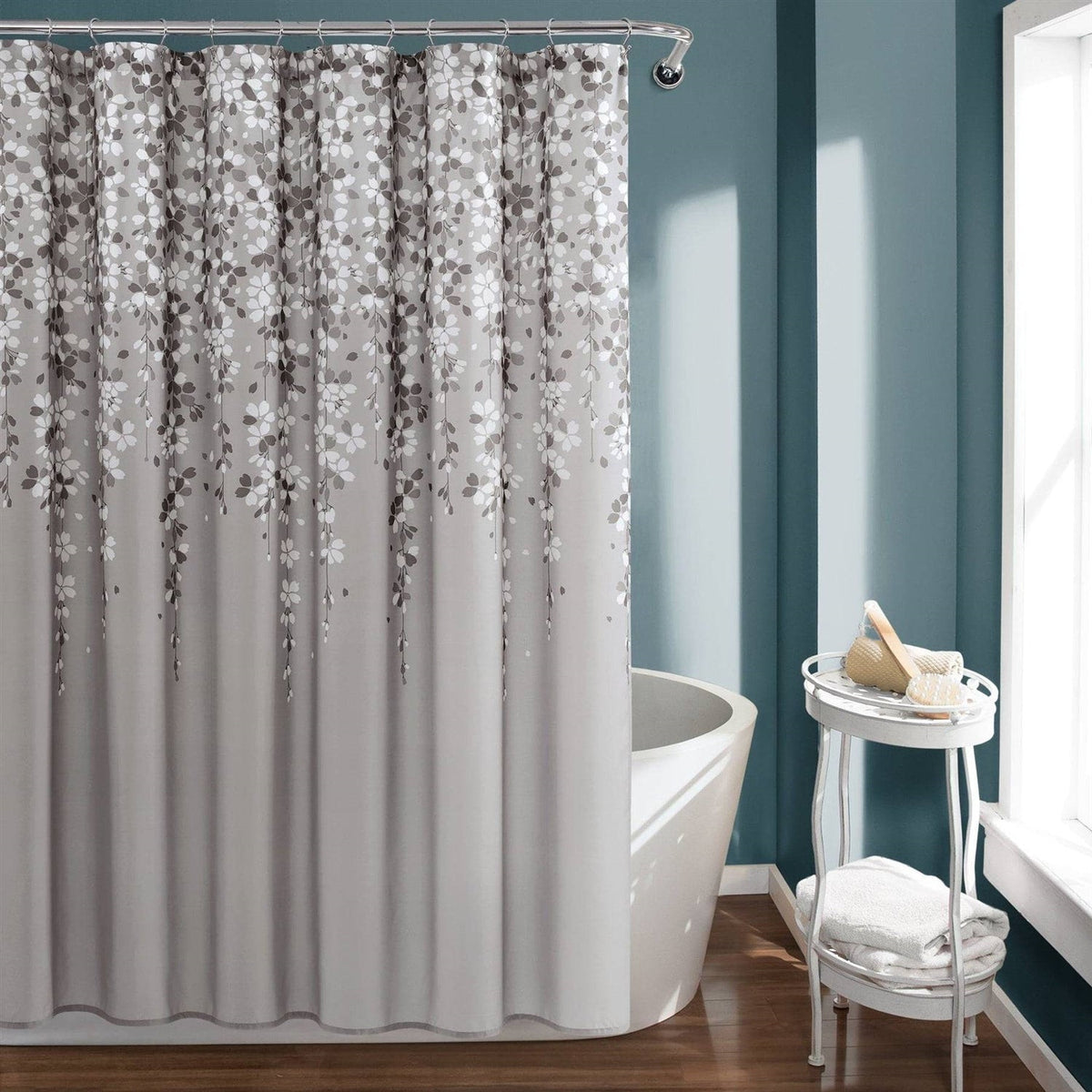 72-inch Grey White Floral Vines and Flowers Shower Curtain
