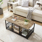 Modern Industrial Metal Grey Wood Coffee Table with Bottom Storage Shelves