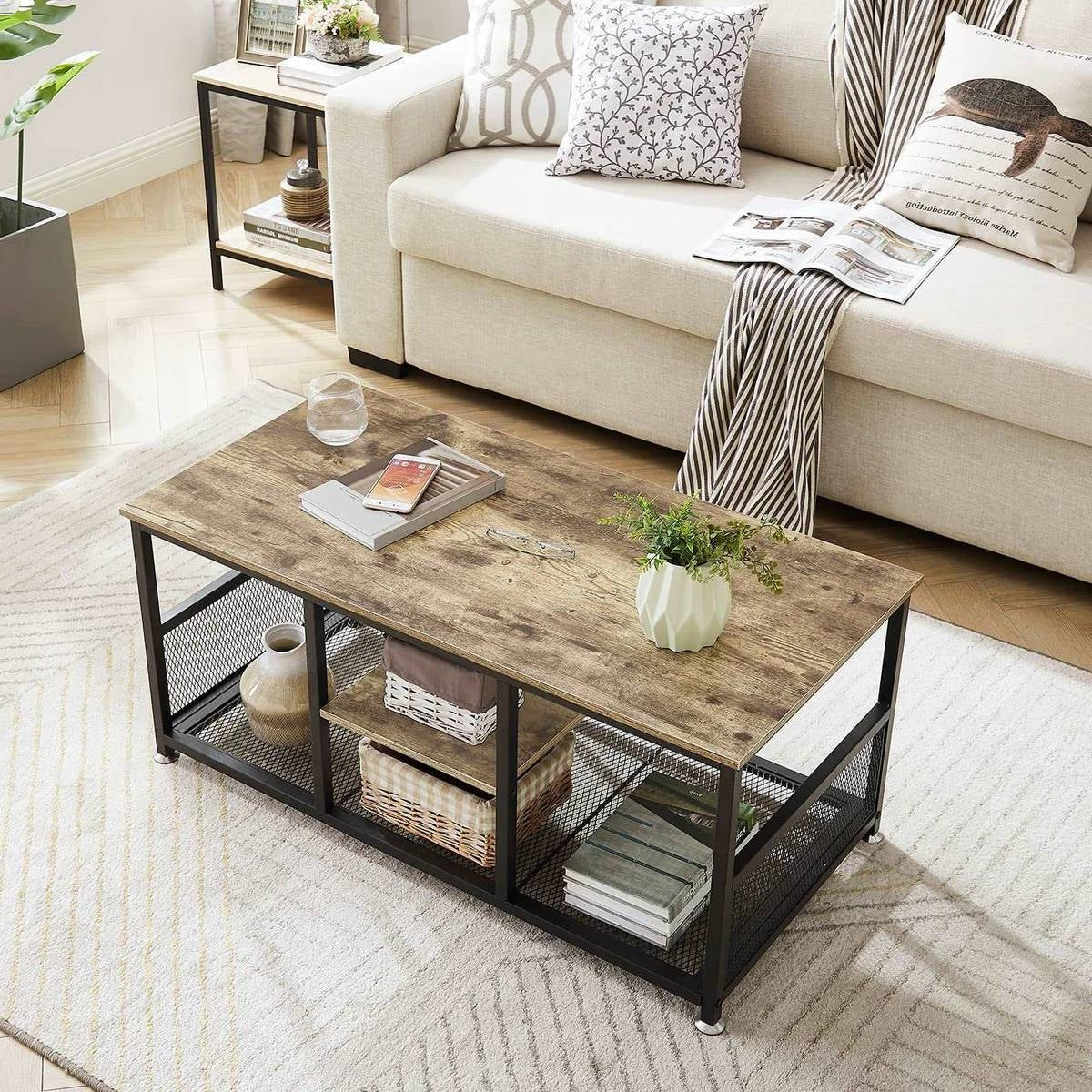 Modern Industrial Metal Grey Wood Coffee Table with Bottom Storage Shelves