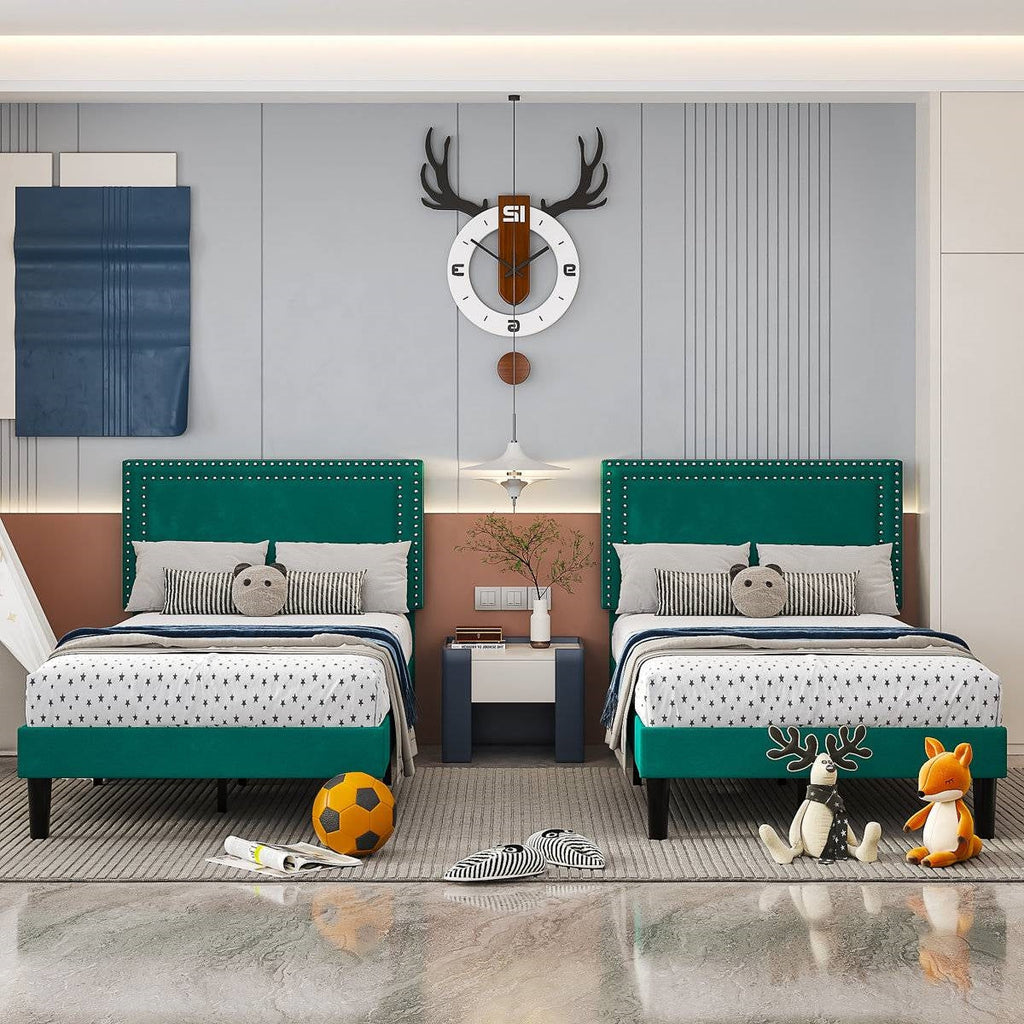 Set of 2 - Twin size Dark Green Upholstered Platform Bed Frame with Headboard