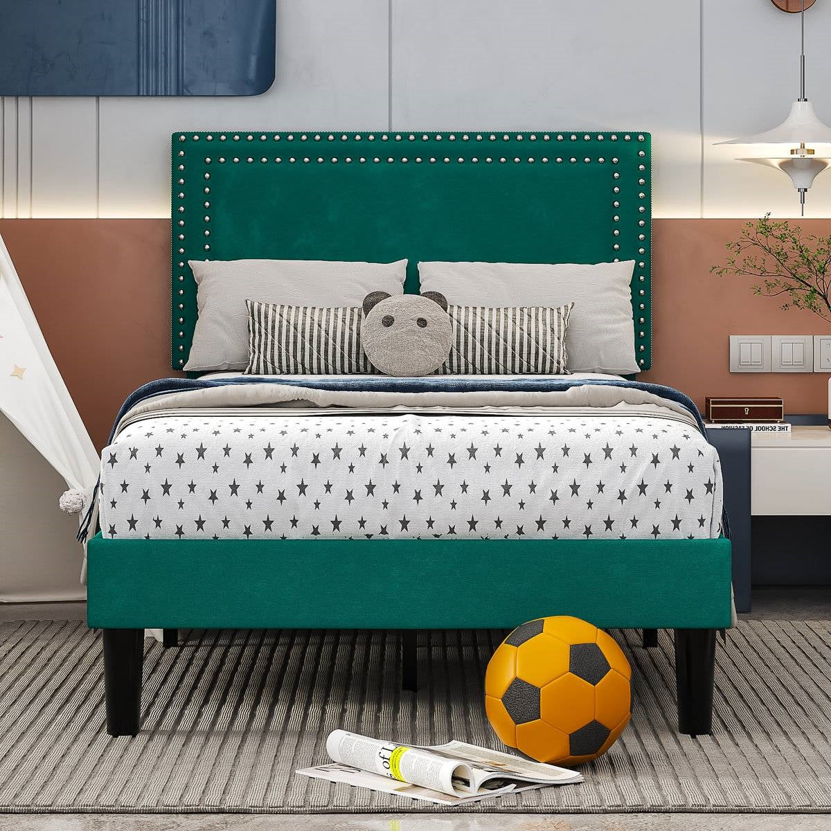 Set of 2 - Twin size Dark Green Upholstered Platform Bed Frame with Headboard