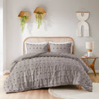 Full/Queen 3-Piece Grey Microfiber Comforter Set with Decorative Pompoms
