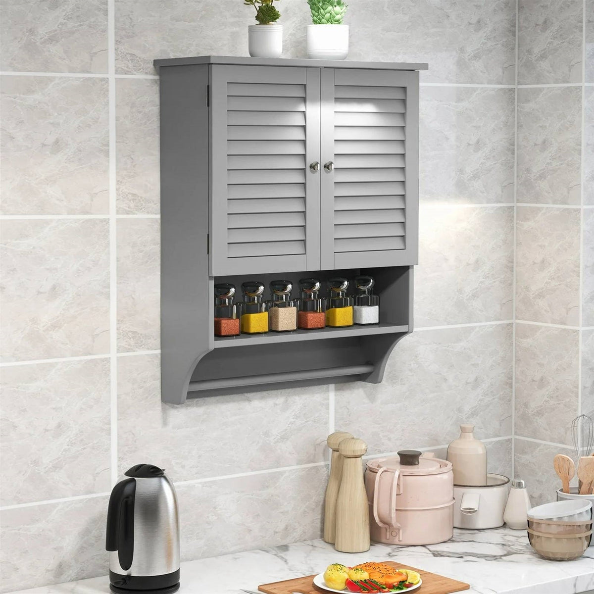 Grey Wall-Mounted Bathroom Medicine Cabinet with Louver Doors and Towel Bar