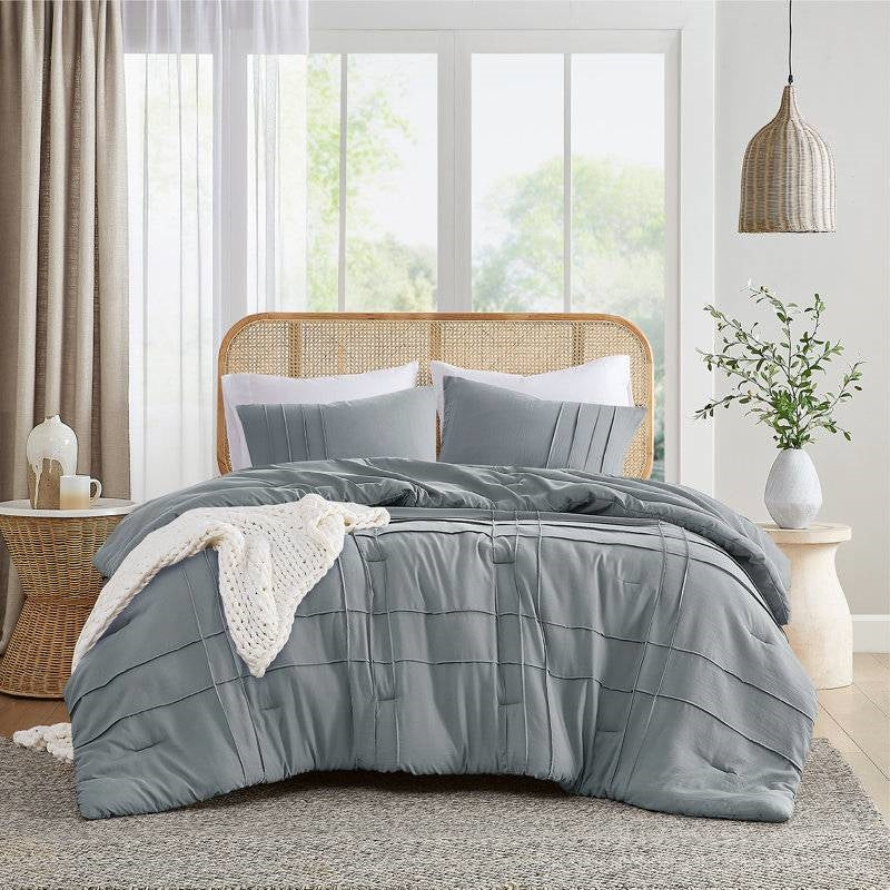 King size Pleated Pre-Washed Microfiber Comforter Set in Blue Grey