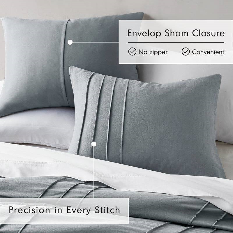 King size Pleated Pre-Washed Microfiber Comforter Set in Blue Grey