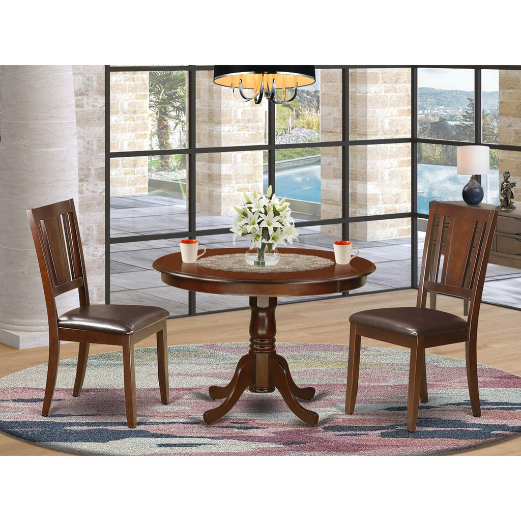 East West Furniture HLDU3-MAH-LC 3 Piece Dining Table Set for Small Spaces Contains a Round Dining Room Table with Pedestal and 2 Faux Leather Upholstered Chairs, 42x42 Inch, Mahogany