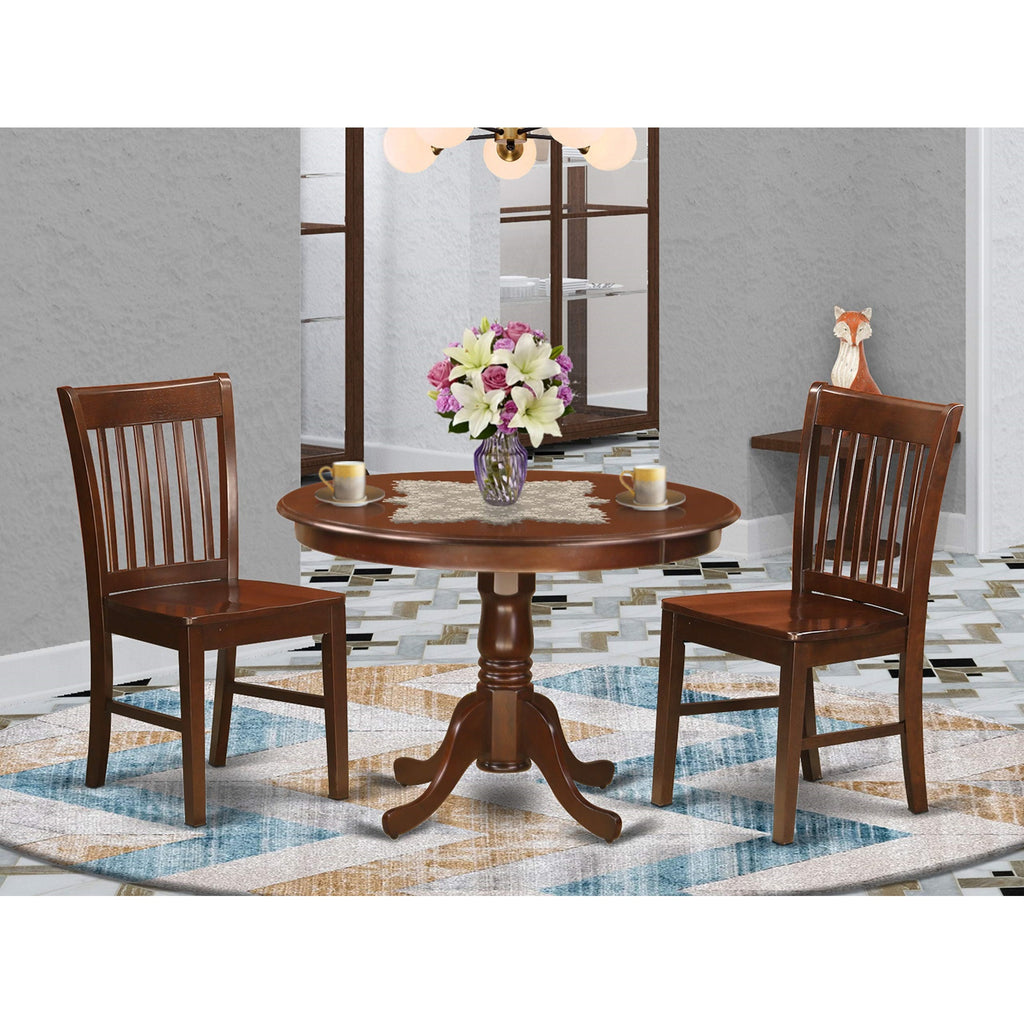 East West Furniture HLNO3-MAH-W 3 Piece Dining Table Set for Small Spaces Contains a Round Dining Room Table with Pedestal and 2 Wooden Seat Chairs, 42x42 Inch, Mahogany