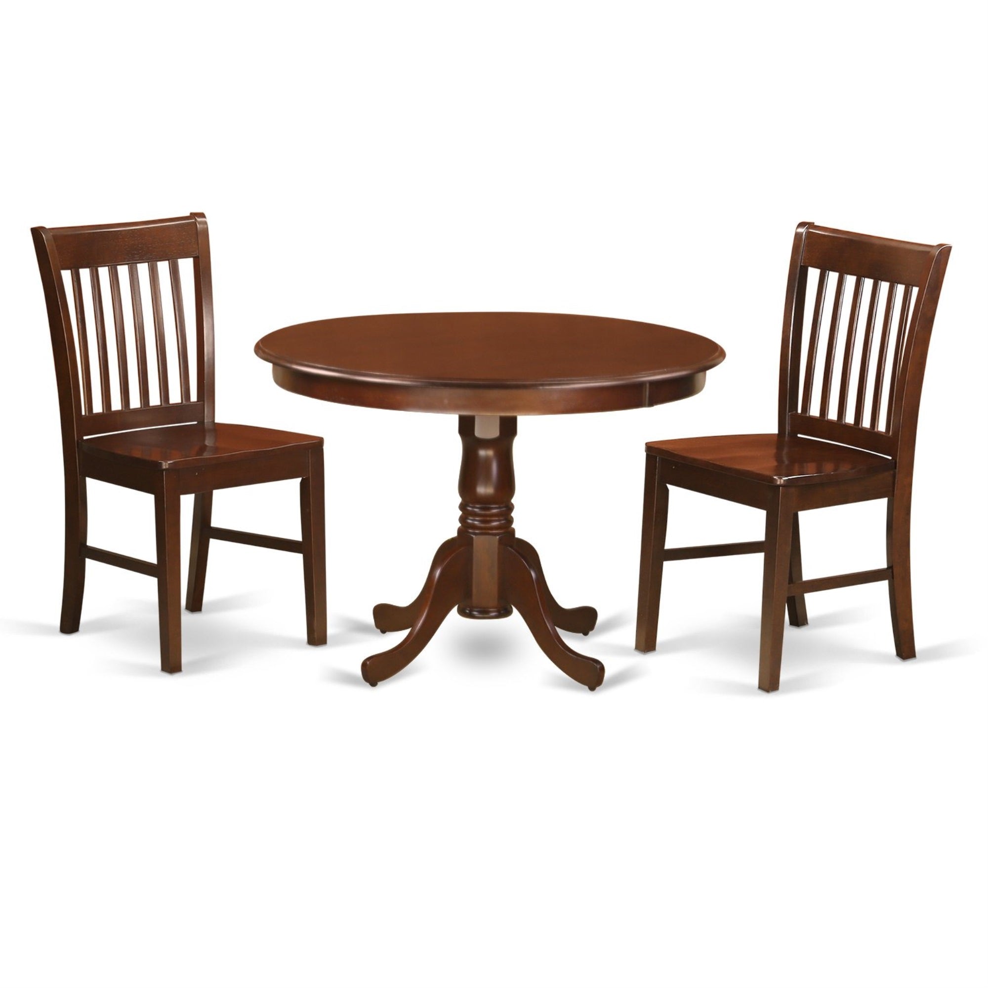 East West Furniture HLNO3-MAH-W 3 Piece Dining Table Set for Small Spaces Contains a Round Dining Room Table with Pedestal and 2 Wooden Seat Chairs, 42x42 Inch, Mahogany