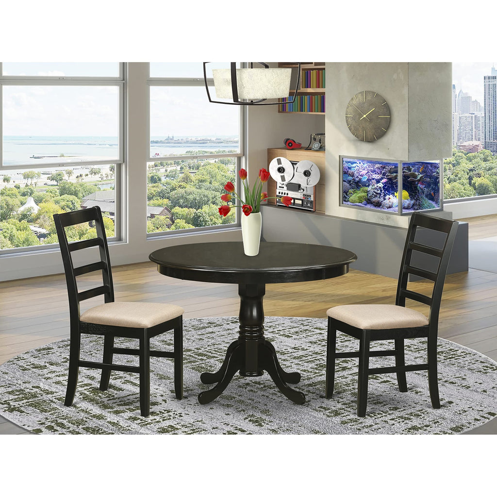 East West Furniture HLPF3-CAP-C 3 Piece Dining Room Furniture Set Contains a Round Kitchen Table with Pedestal and 2 Linen Fabric Upholstered Dining Chairs, 42x42 Inch, Cappuccino