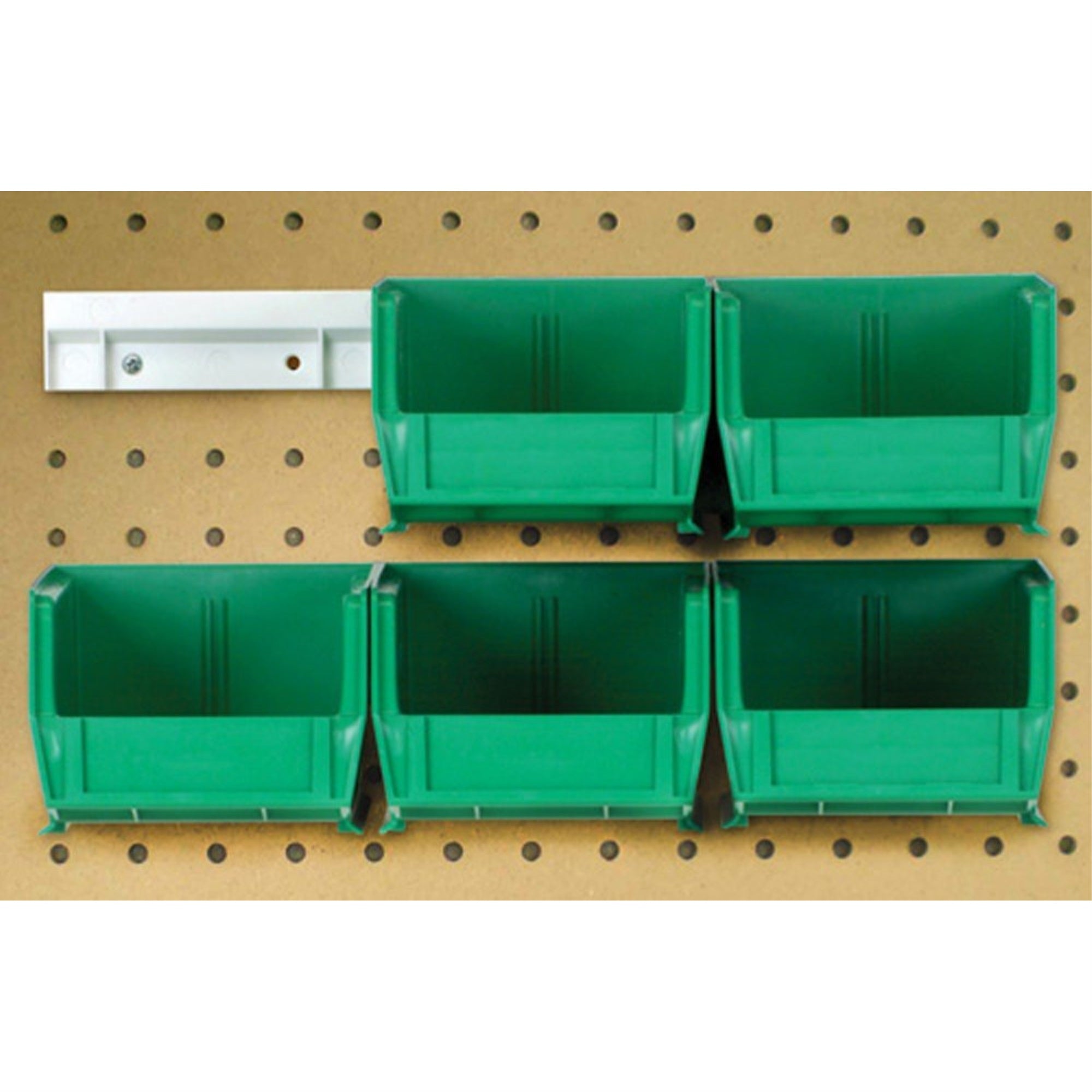Hang-n-Stack Bin,  package, includes: (4) 10-7/8L x 5-1/2W x 5H (QUS230) green bin and (2) bin rails